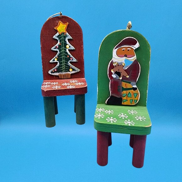 Vintage Wooden Santa & Tree Chair Folk Art Ornaments Handcrafted Set 1997 - Picture 4 of 10